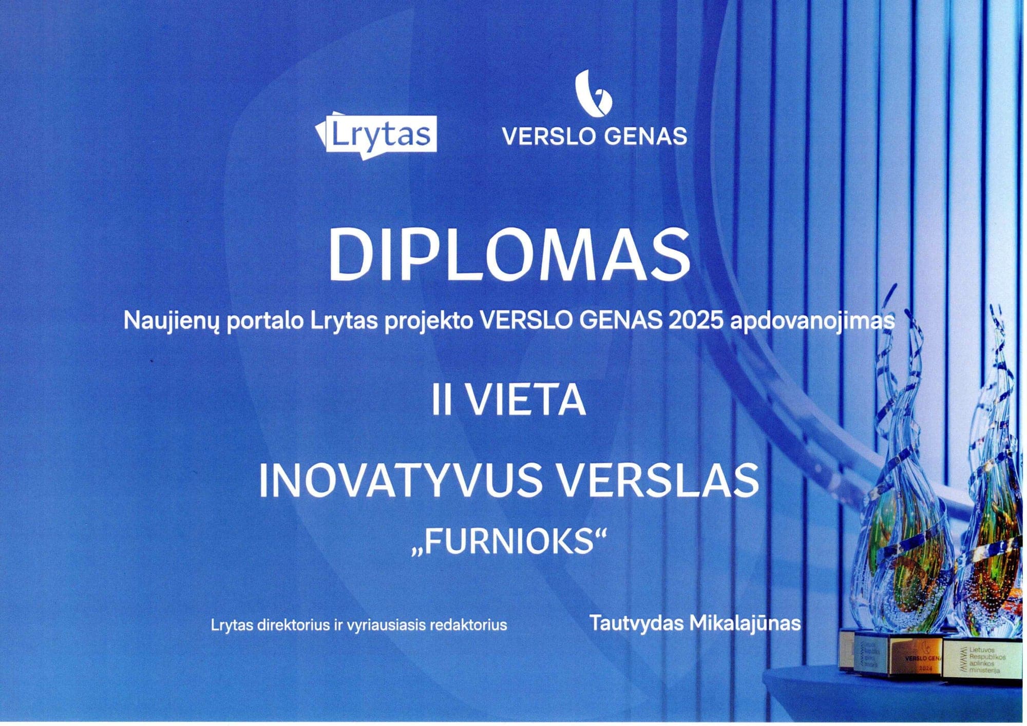 Diploma Premio Verslo Genas 2025 — 2º Lugar, Negocio Innovador, otorgado a FurniOx por Portal de noticias Lrytas