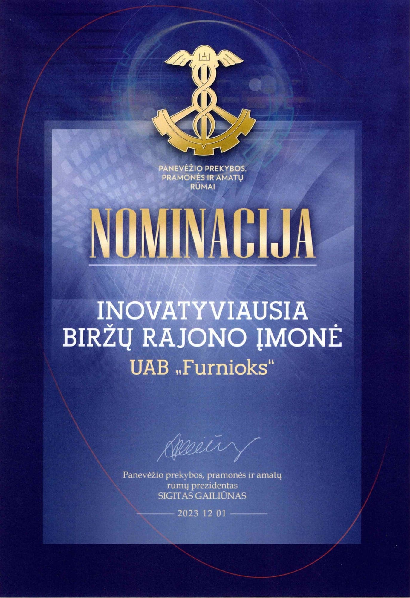 Diploma Premio de la Cámara de Comercio 2023 — Empresa Más Innovadora del Distrito de Biržai, otorgado a FurniOx por Cámara de Comercio, Industria y Artesanía de Panevėžys
